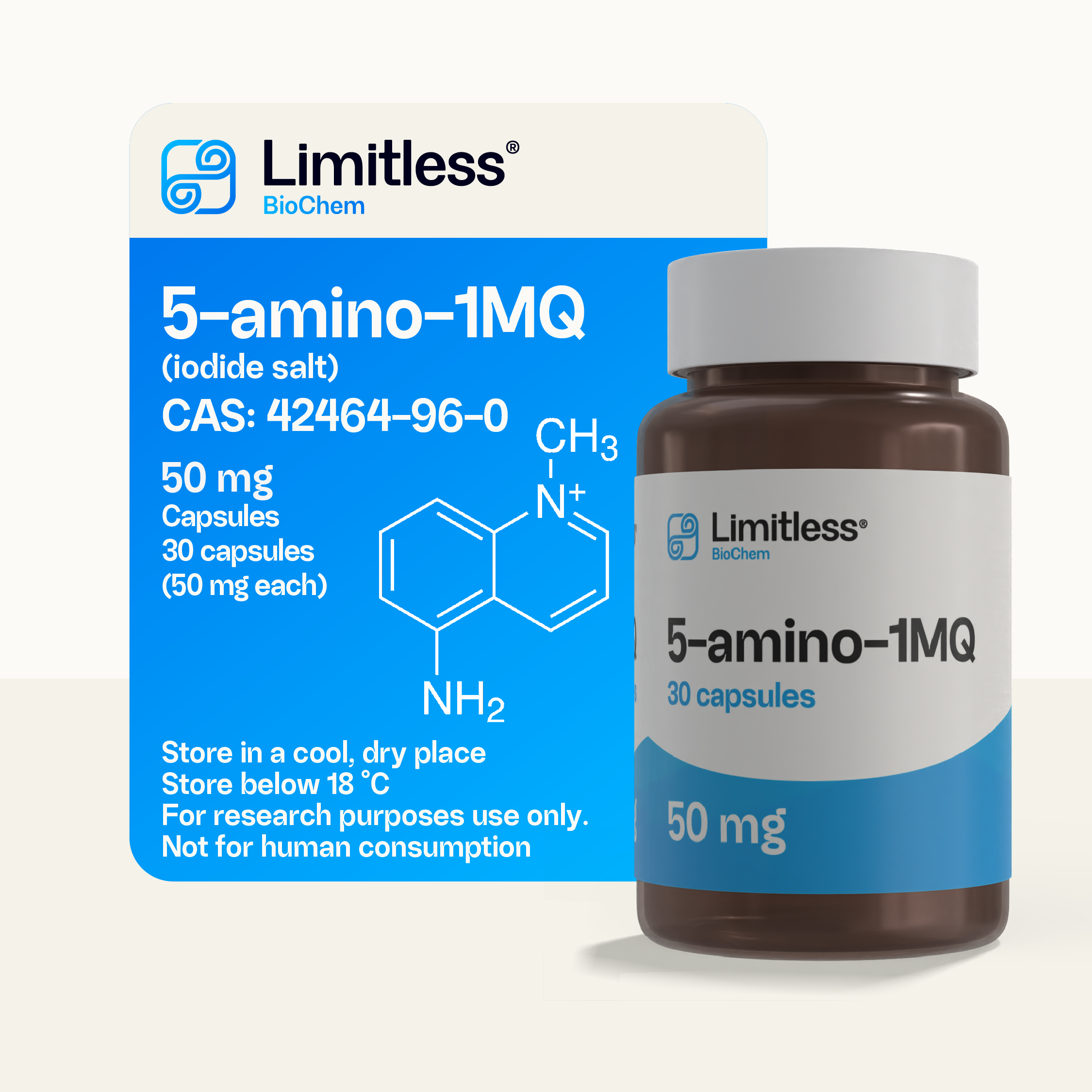 5-Amino-1MQ 50 mg – 30 capsules by Limitless BioChem, high-purity research compound capsules.