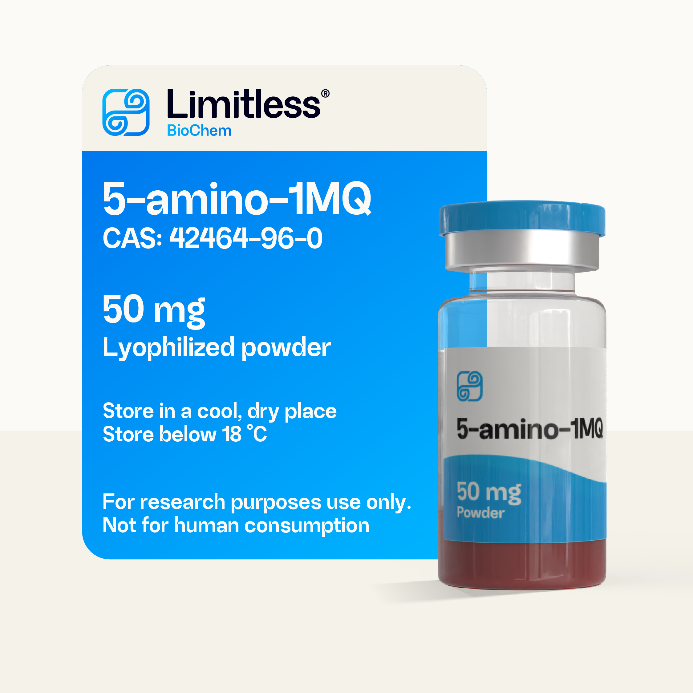 5-Amino-1MQ 50 mg lyophilized powder in glass vial by Limitless BioChem, high-purity research compound.