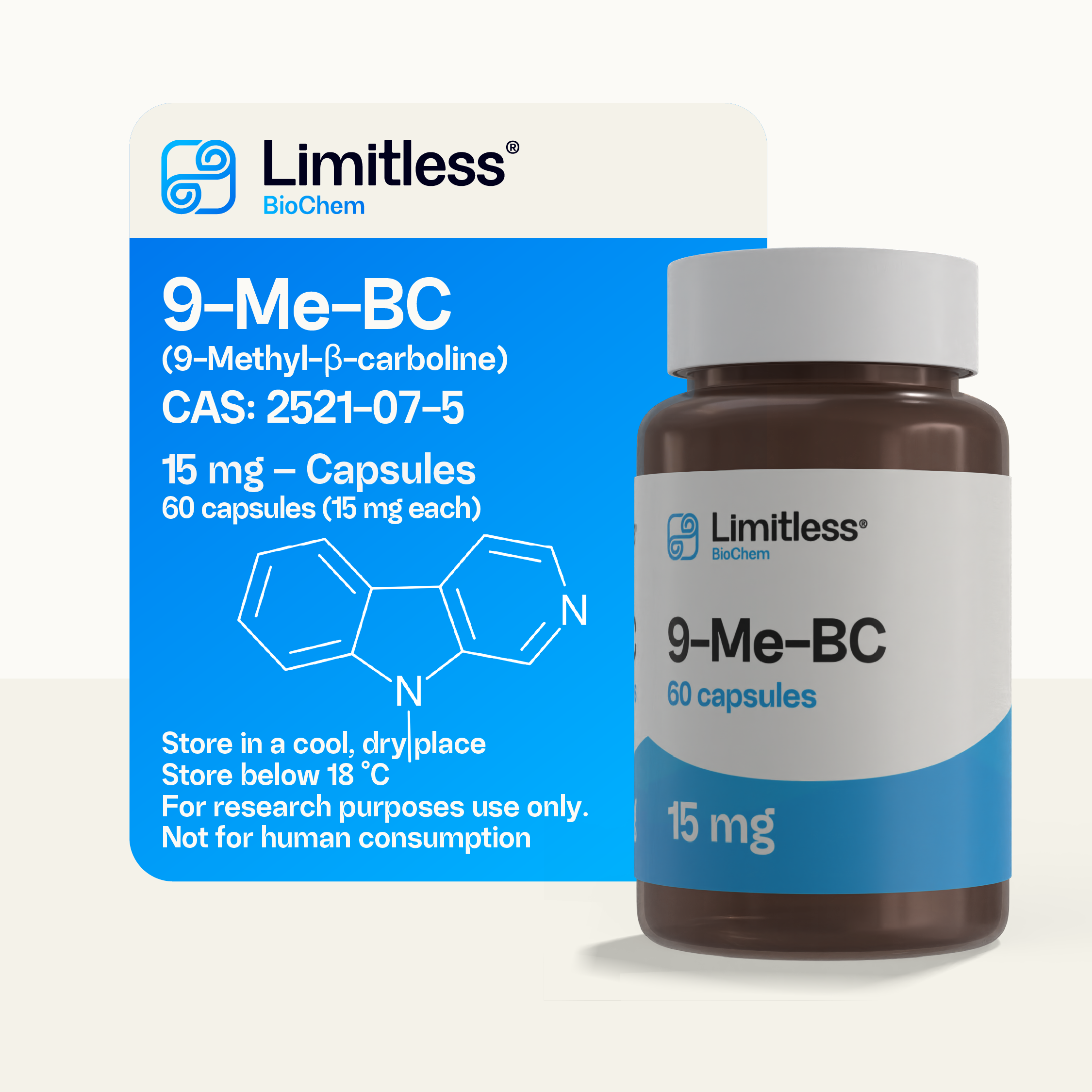 9-Me-BC 15 mg capsules, 60-count bottle by Limitless BioChem, high-purity 9-methyl-β-carboline.