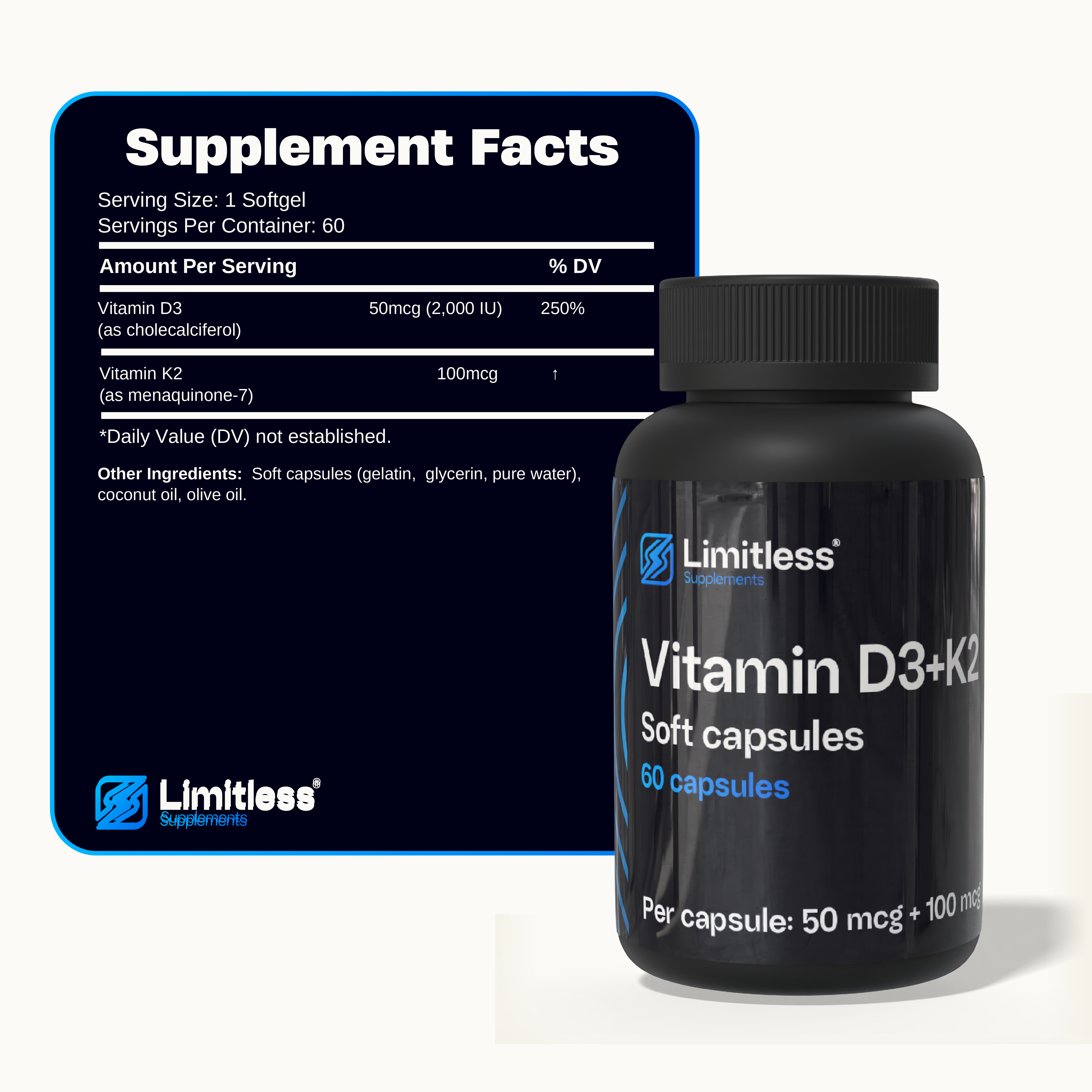Vitamin D3 + K2 50 mcg + 100 mcg – 60 Capsules