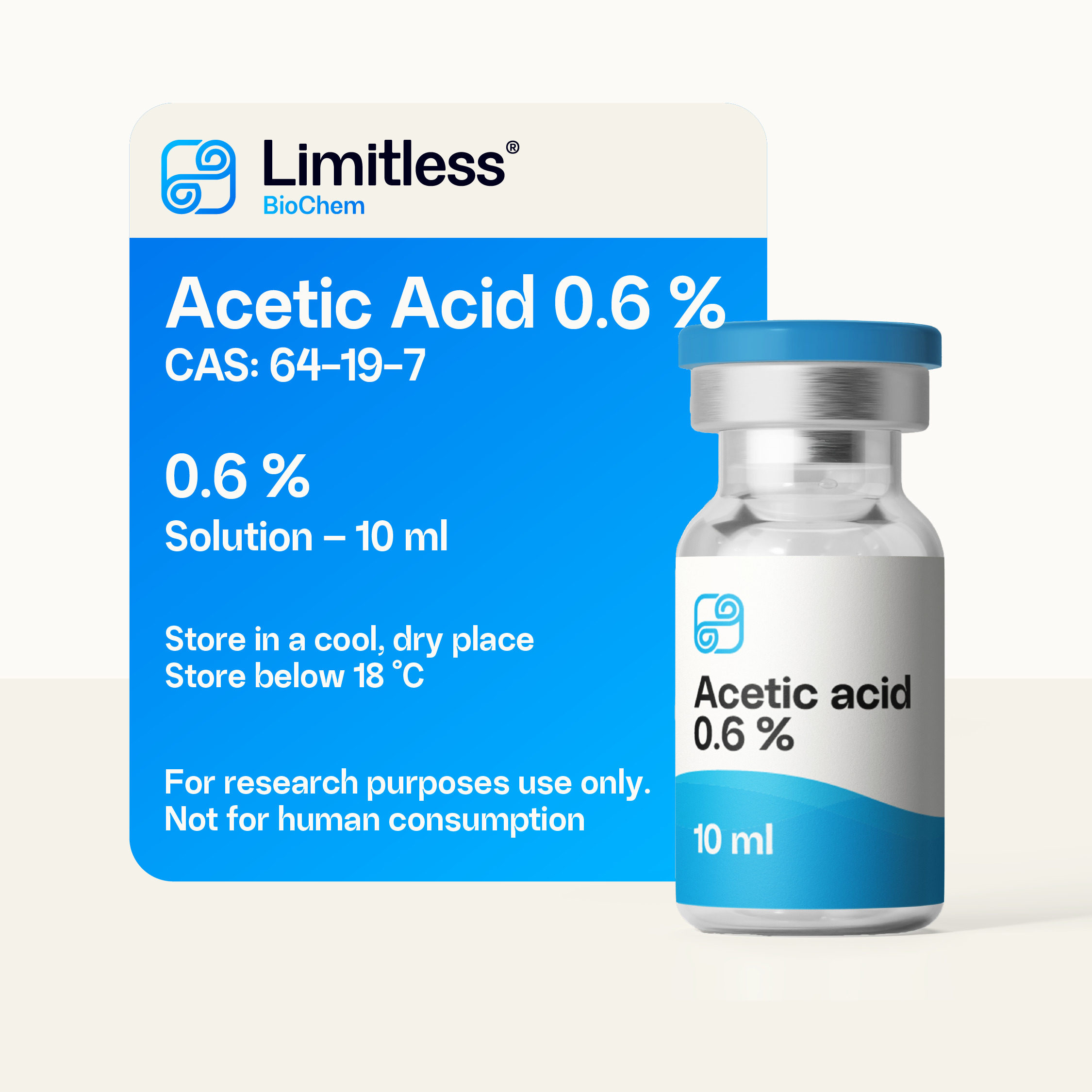 Acetic acid 0.6% solution 10 ml research-grade reagent in glass bottle by Limitless BioChem.