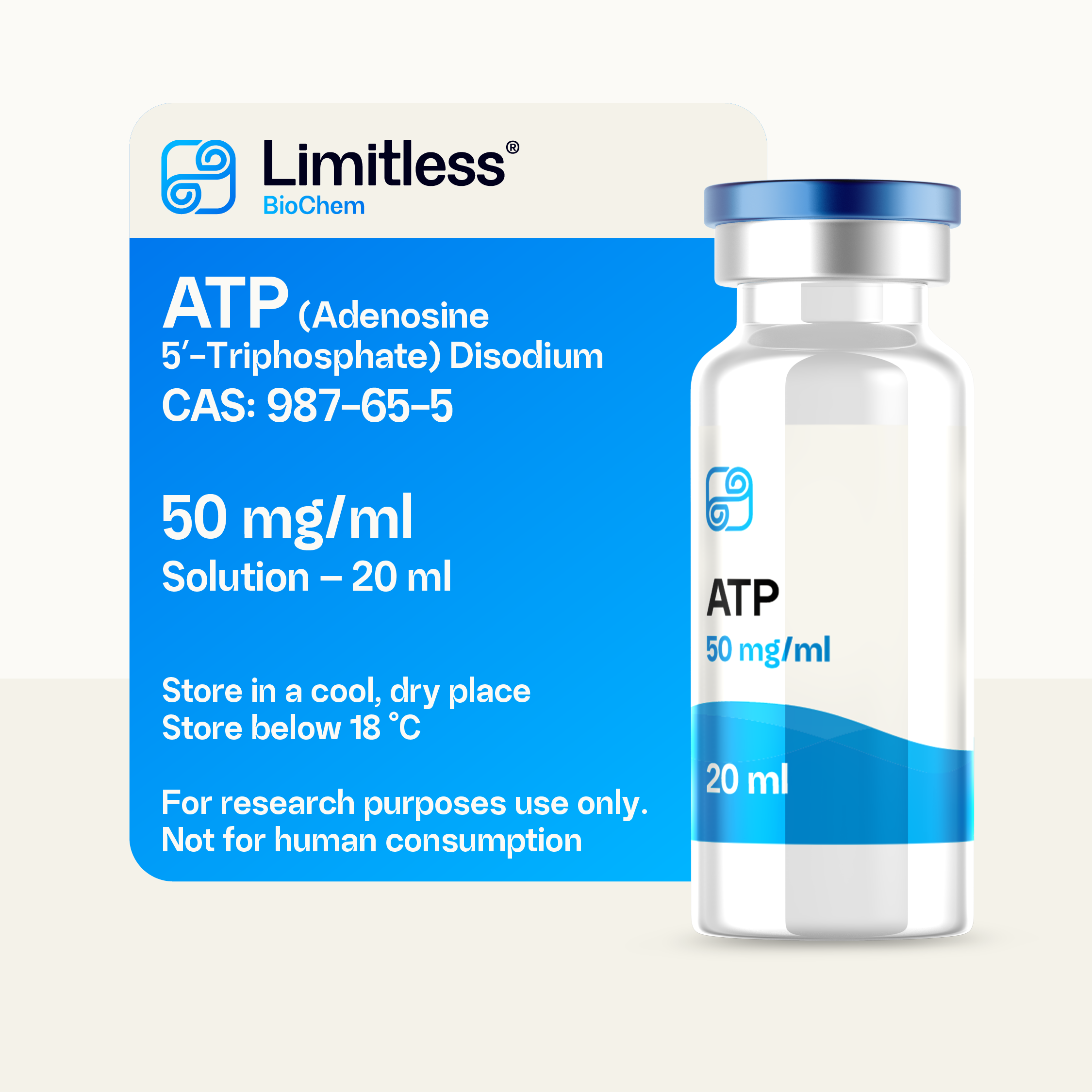 Glass vial of ATP 50mg/ml 20ml solution by LimitlessBiochem, for laboratory research use.