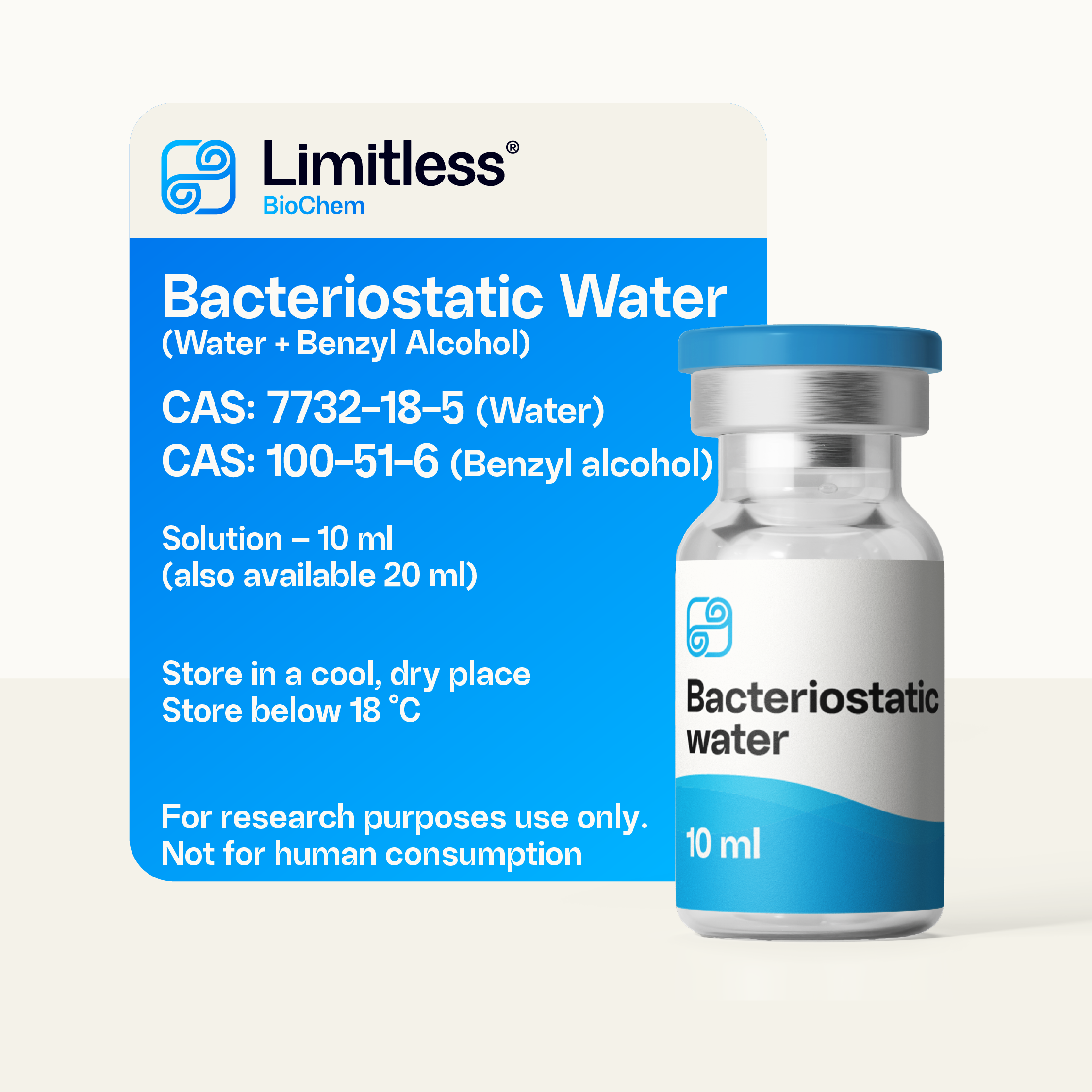 Glass vial of bacteriostatic water 10 ml with 0.9% benzyl alcohol (BAC) by LimitlessBiochem, for laboratory research use only.