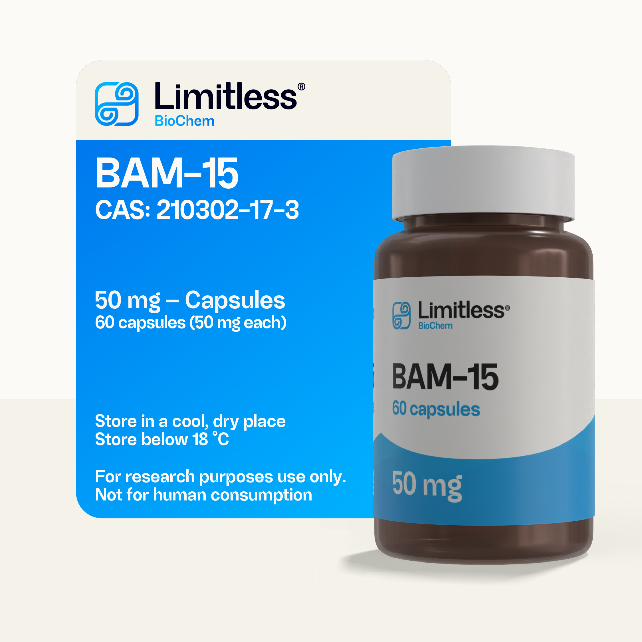 BAM-15 50 mg research capsules by Limitless BioChem, high-purity mitochondrial uncoupler compound.