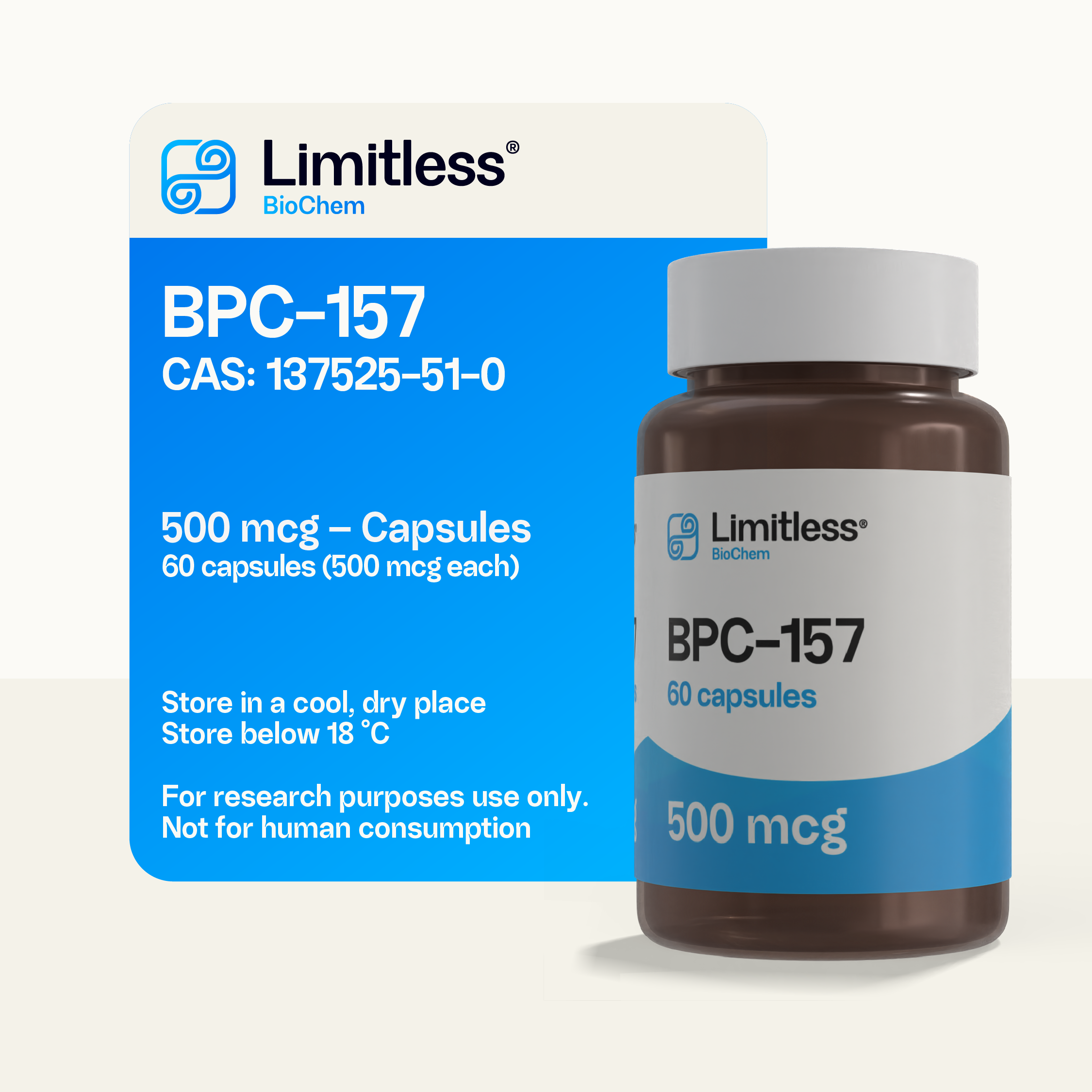 BPC-157 500 mcg high-purity research capsules in 60-count bottle by Limitless BioChem, synthetic pentadecapeptide.