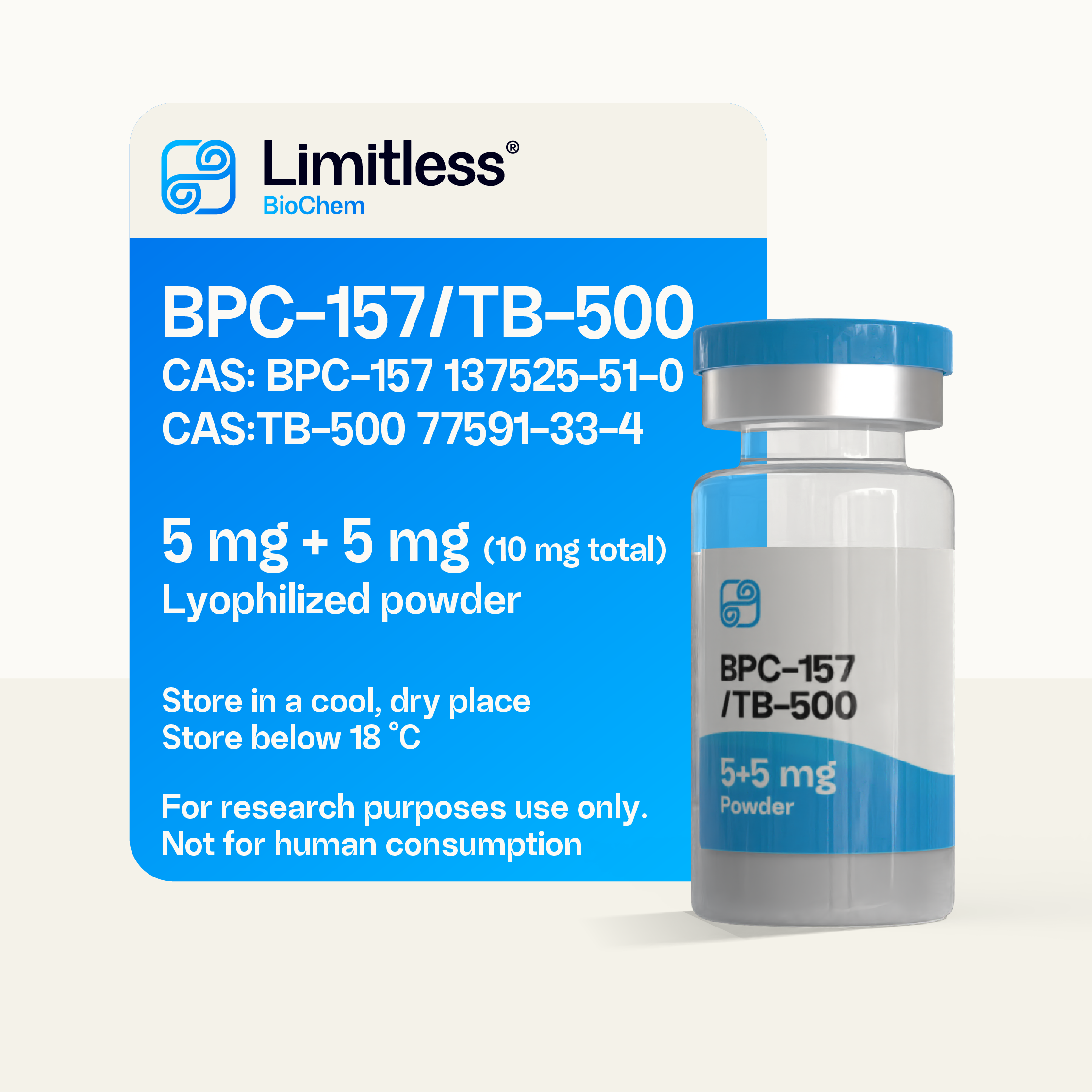 BPC-157 / TB-500 blend 10 mg lyophilized peptide powder in glass vial by LimitlessBiochem, 99%+ purity, co-lyophilized research peptide mix.