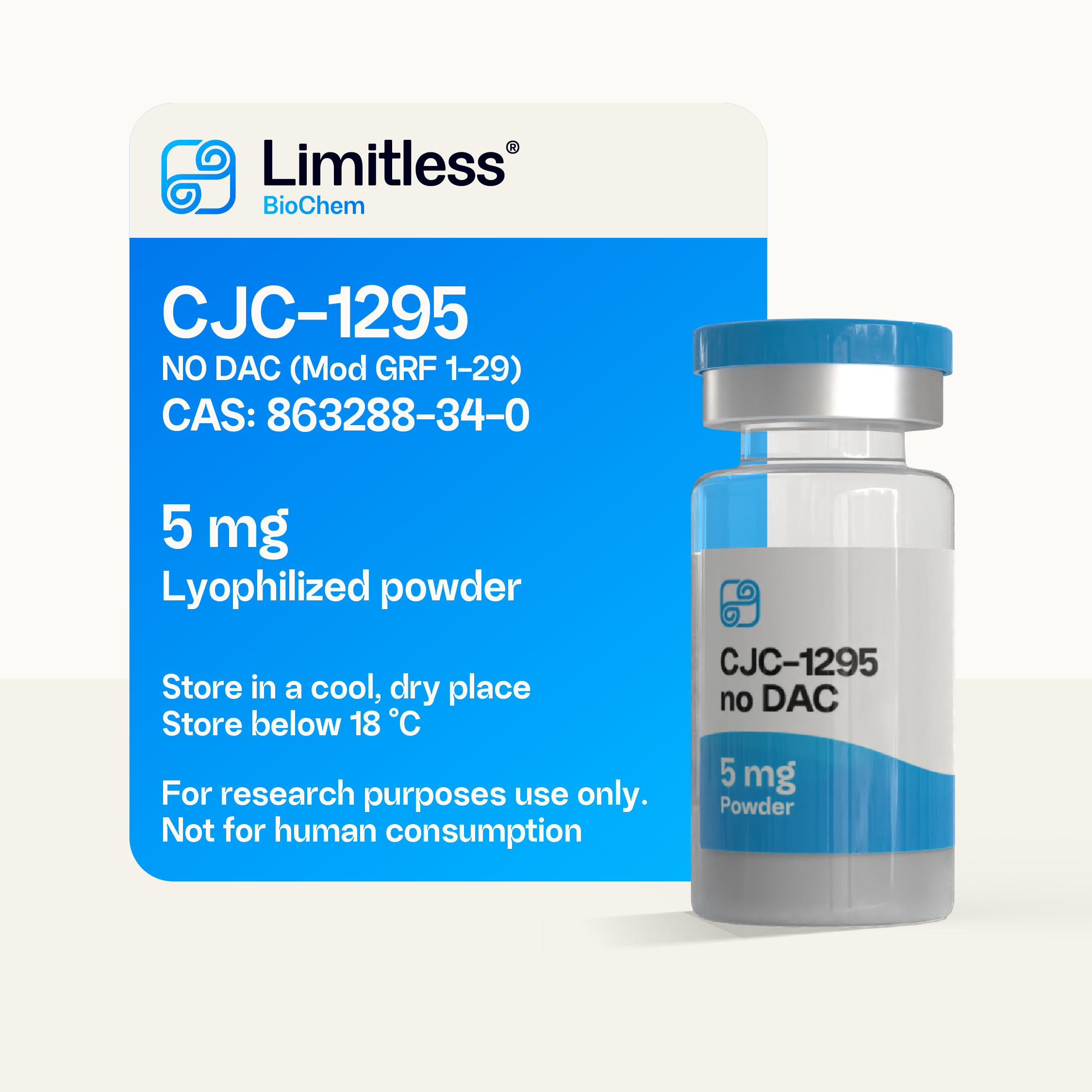 CJC-1295 NO DAC 5 mg lyophilized peptide powder in glass vial by Limitless BioChem, high-purity Modified GRF (1-29) research peptide.