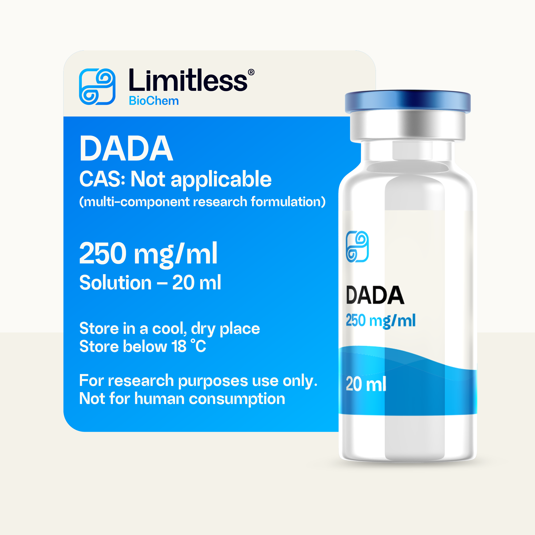 DADA 250 mg/ml solution 20 ml in glass bottle, diisopropylamine dichloroacetate research-grade metabolic modulator.