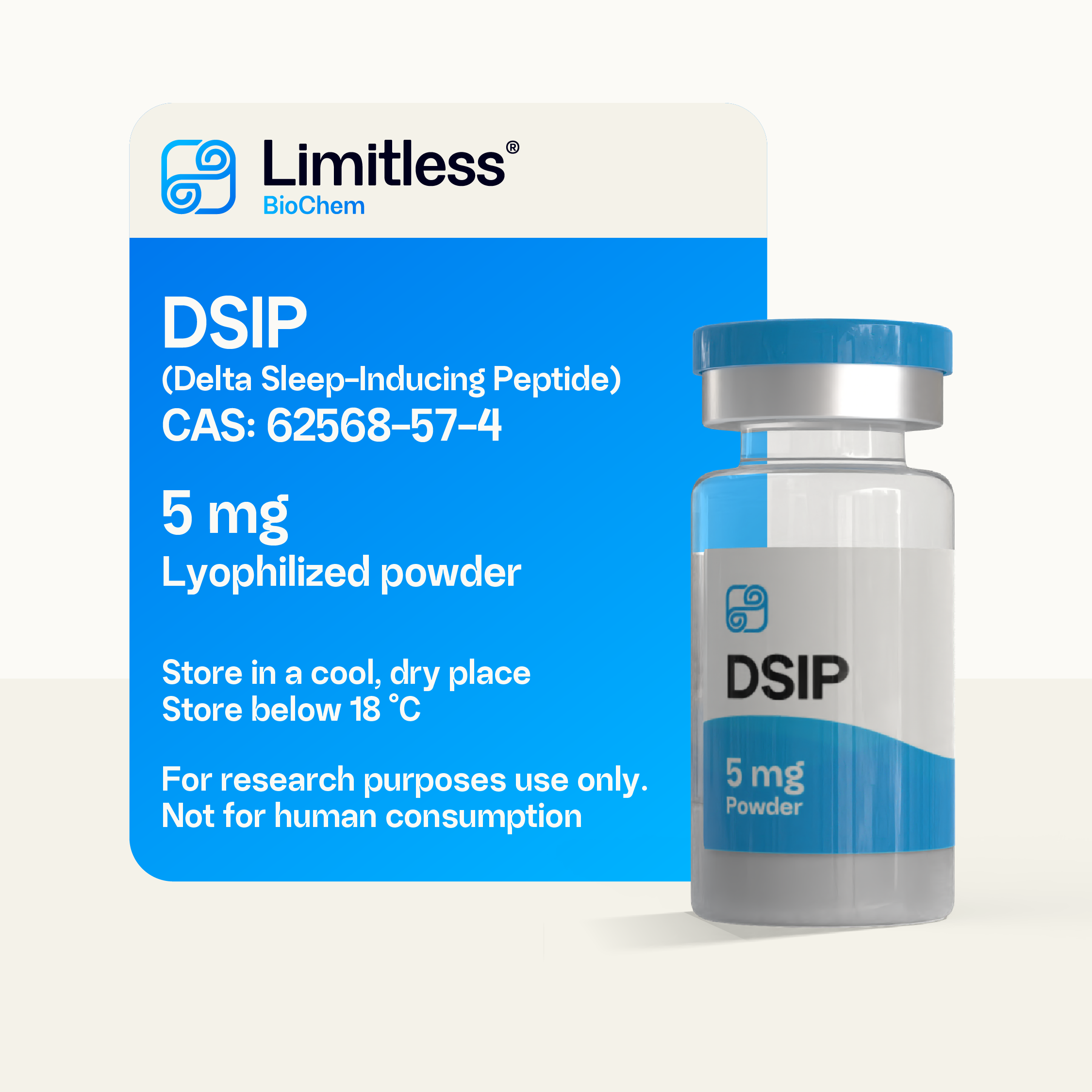 Glass vial of DSIP 5 mg lyophilized peptide powder by LimitlessBiochem, for laboratory research use only.
