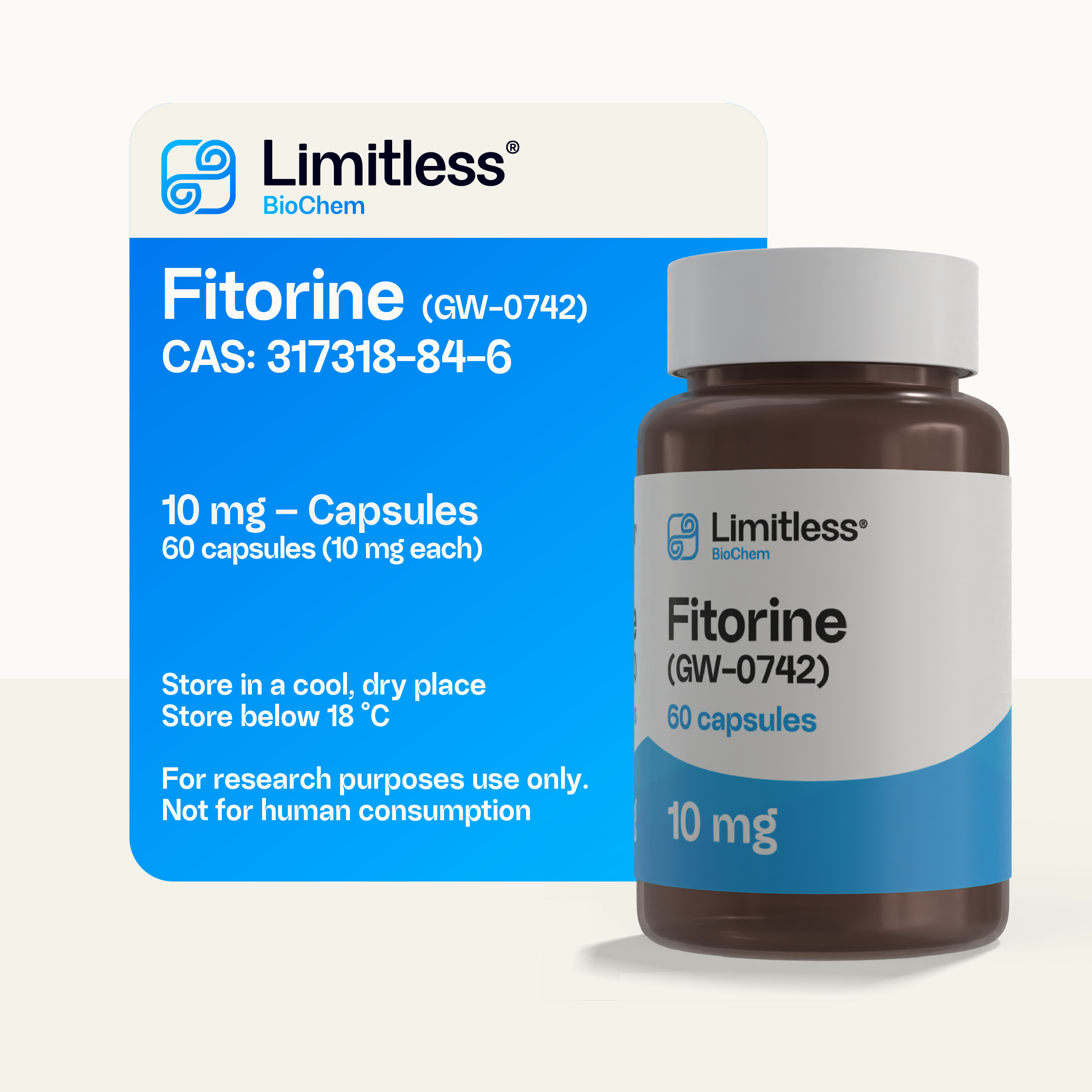 Fitorine (GW-0742) 10 mg capsules, 60-count bottle by Limitless BioChem, high-purity PPAR-δ agonist.