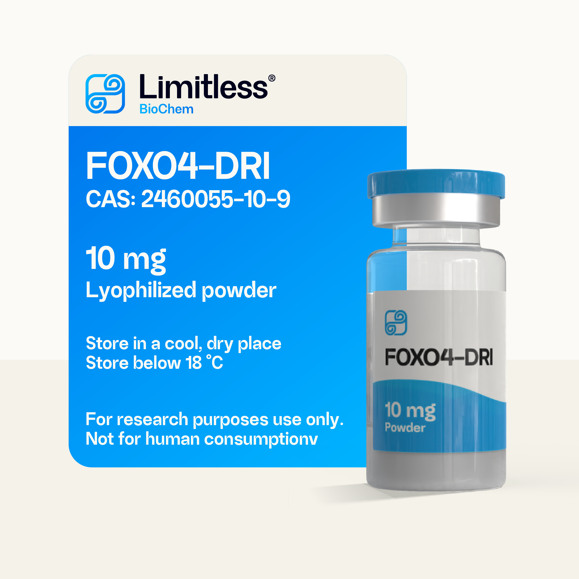 FOXO4-DRI 10 mg lyophilized peptide powder in glass vial by Limitless BioChem, high-purity D-retro-inverso research peptide.