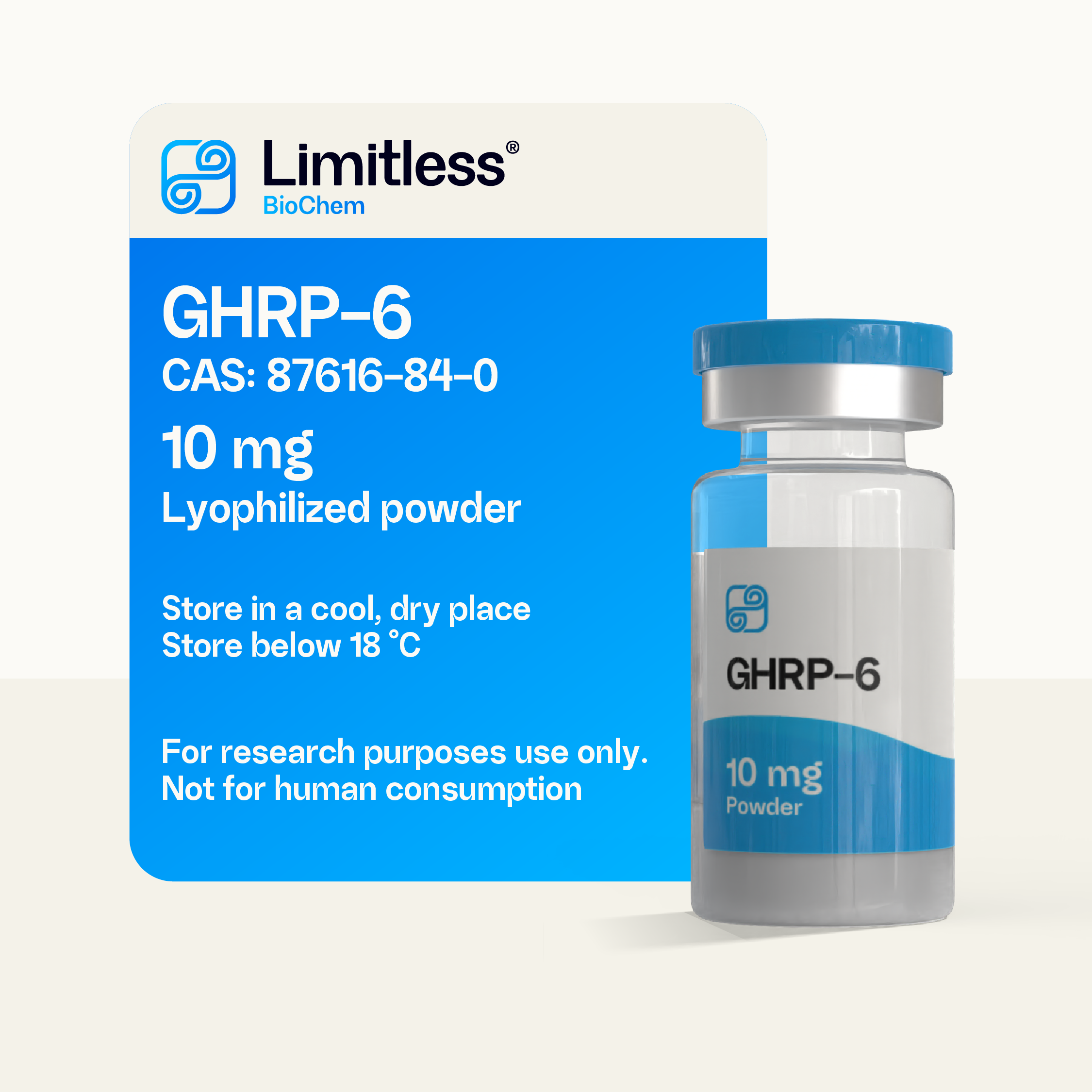 GHRP-6 10 mg lyophilized peptide powder in glass vial by LimitlessBiochem, 99% purity growth hormone secretagogue.