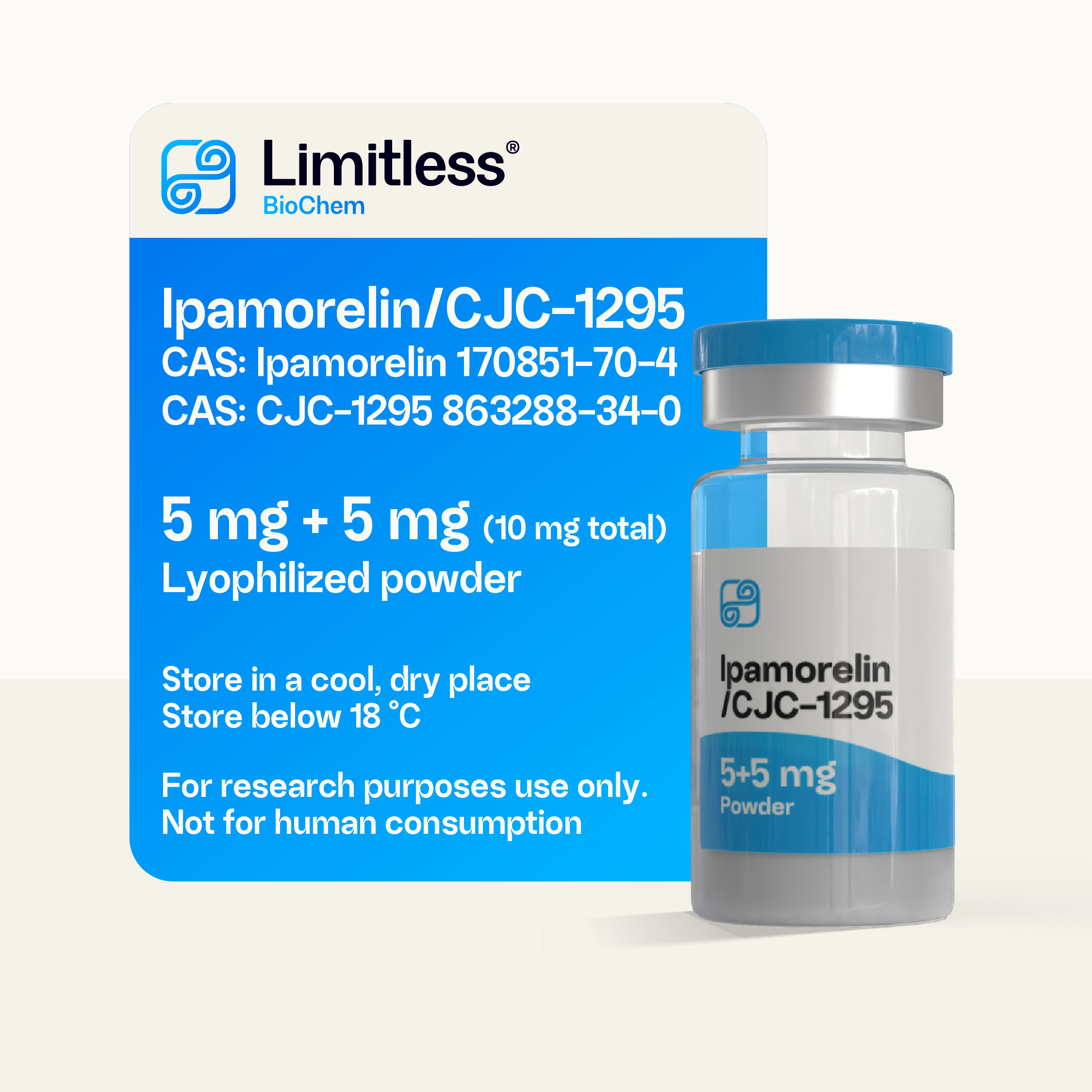 Ipamorelin / CJC-1295 Blend 10 mg (5 mg + 5 mg) lyophilized peptide powder in glass vial by Limitless BioChem, high-purity research peptide blend