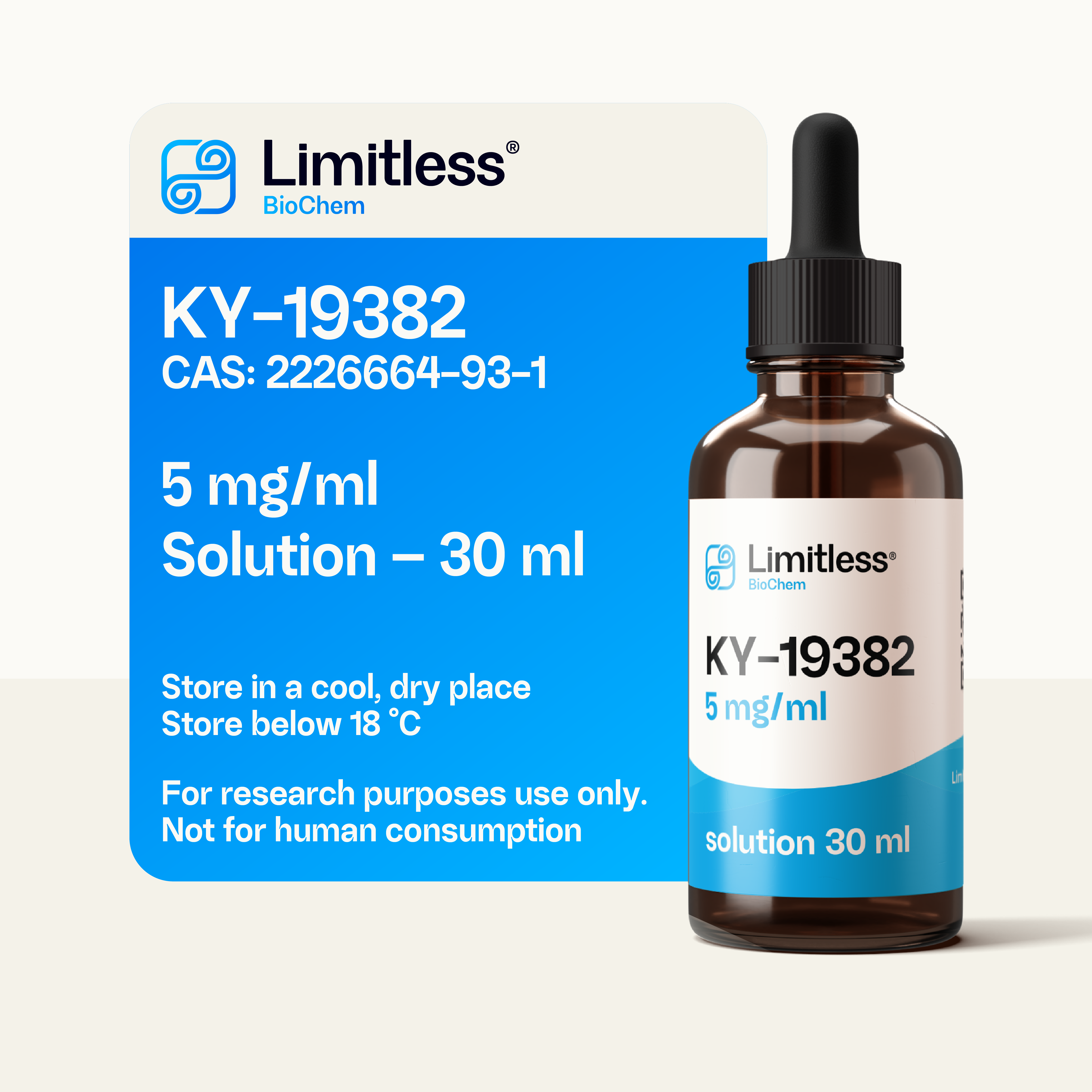KY-19382 5 mg/ml research solution in 30 ml glass bottle by Limitless BioChem, high-purity small molecule compound for Wnt/β-catenin signaling studies.