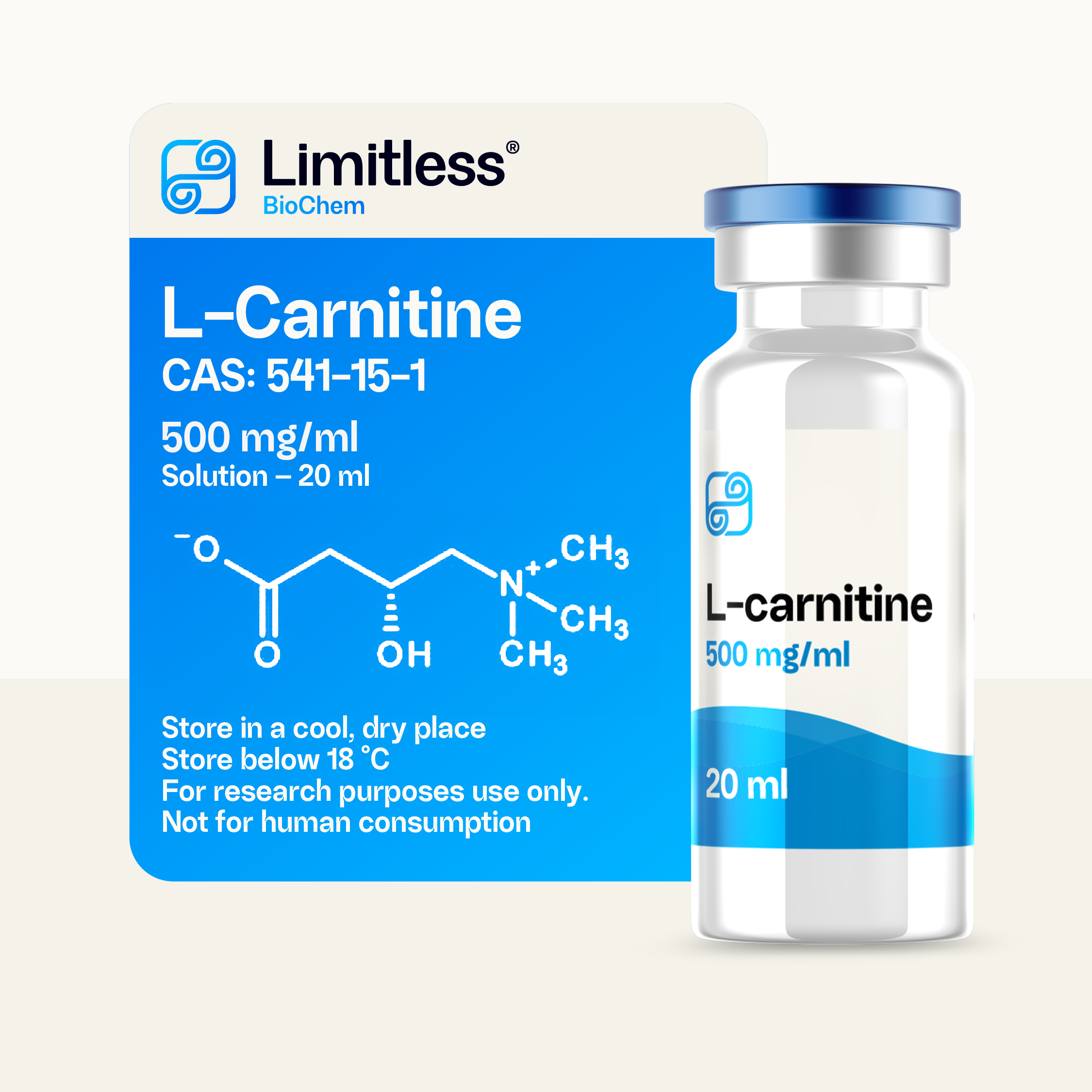 Glass vial of L-Carnitine 500mg/ml 20ml solution by LimitlessBiochem, for laboratory research use.