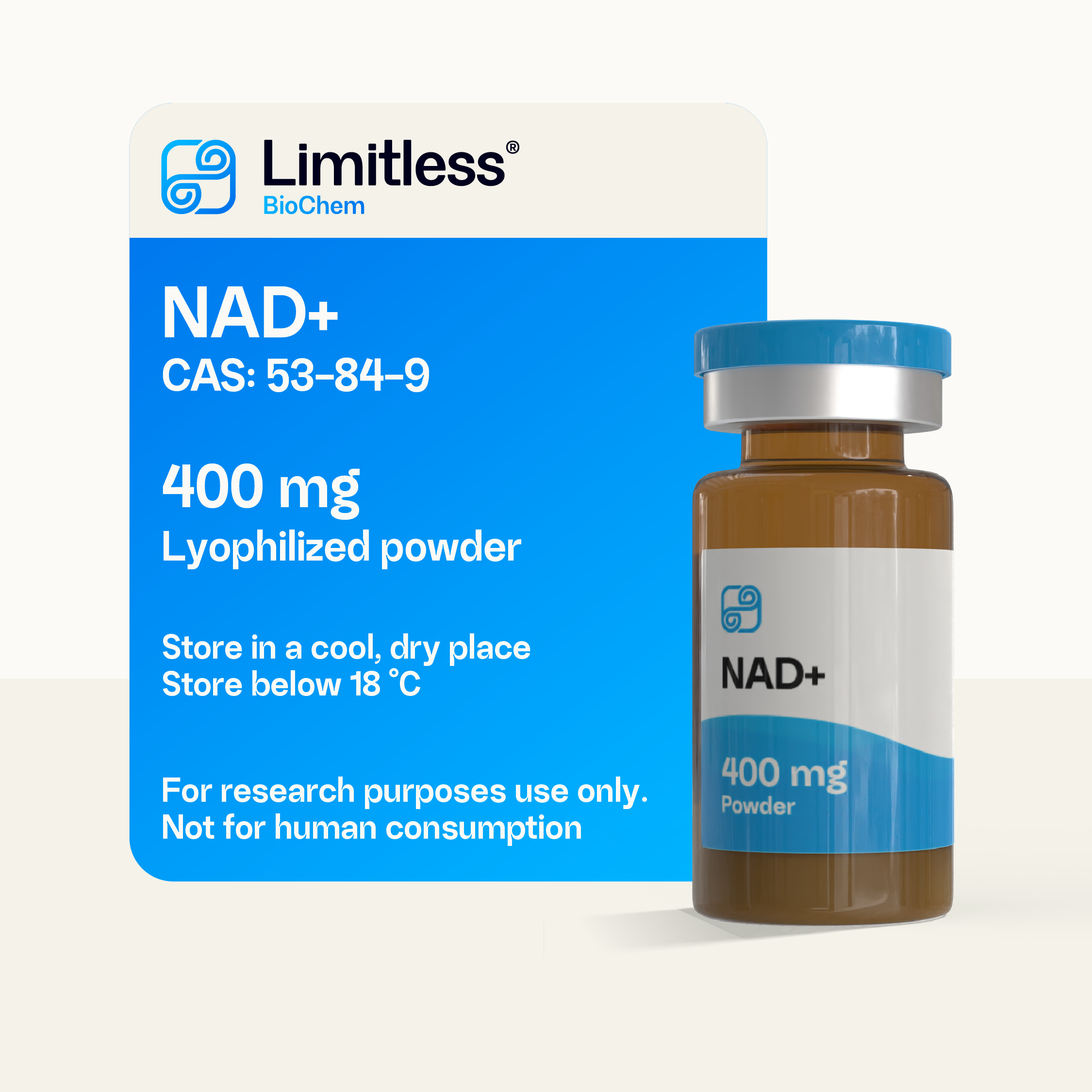 Glass vial of NAD+ 400mg lyophilized powder by LimitlessBiochem, for laboratory research use.