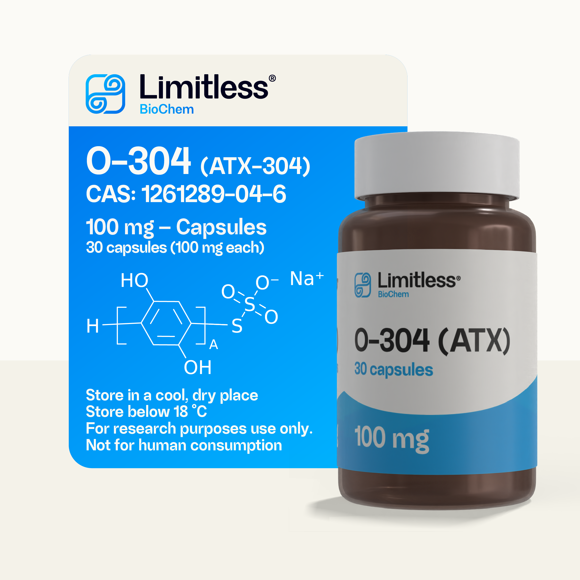 O-304 (ATX) 100 mg research capsules, 30-count bottle by Limitless BioChem, high-purity Autotaxin inhibitor compound.