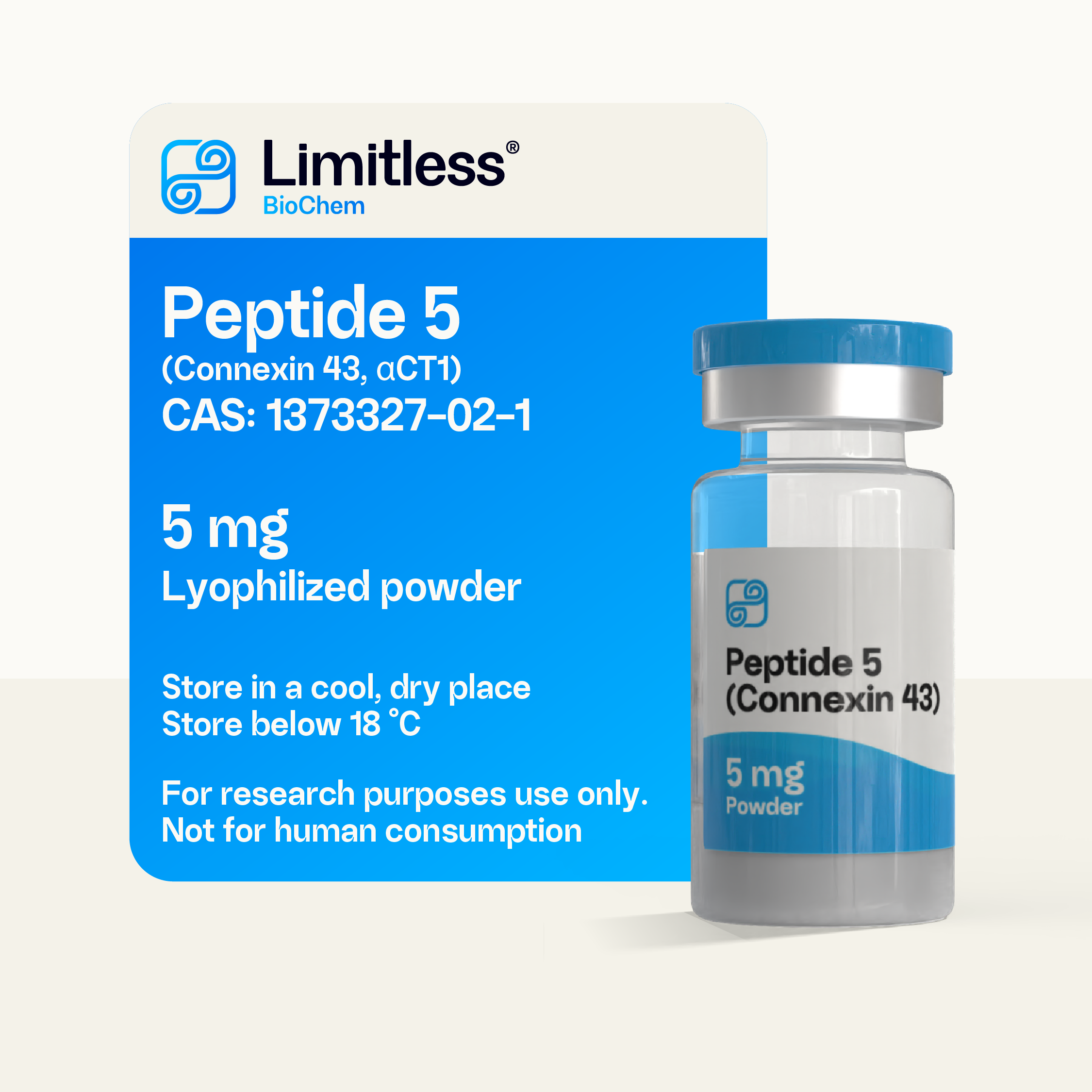 Peptide 5 (Connexin 43) 5 mg lyophilized peptide powder in glass vial by Limitless BioChem, 99%+ purity HPLC-tested research peptide (αCT1).