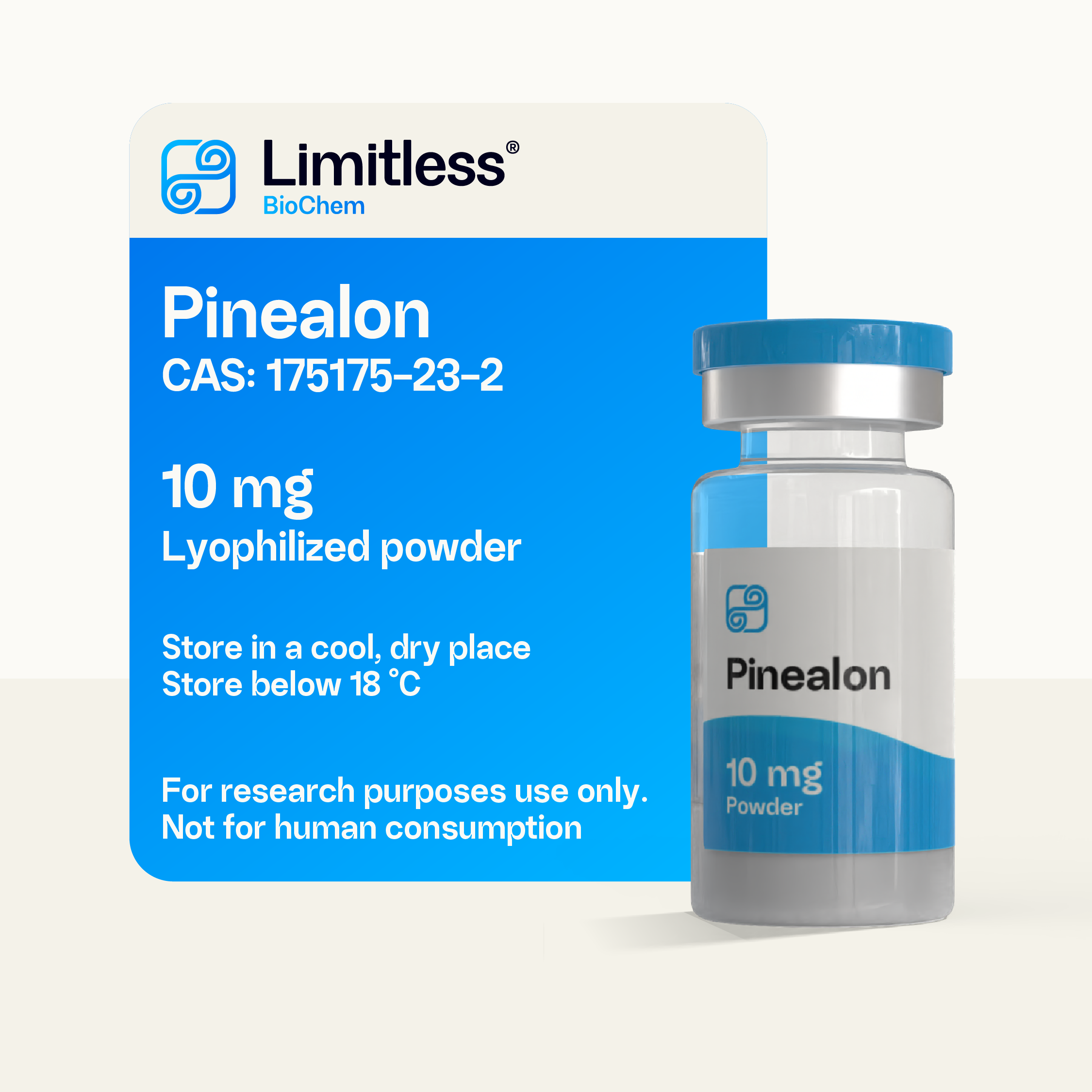Pinealon 10 mg lyophilized peptide powder in glass vial by Limitless BioChem, high-purity Glu-Asp-Arg tripeptide research peptide.