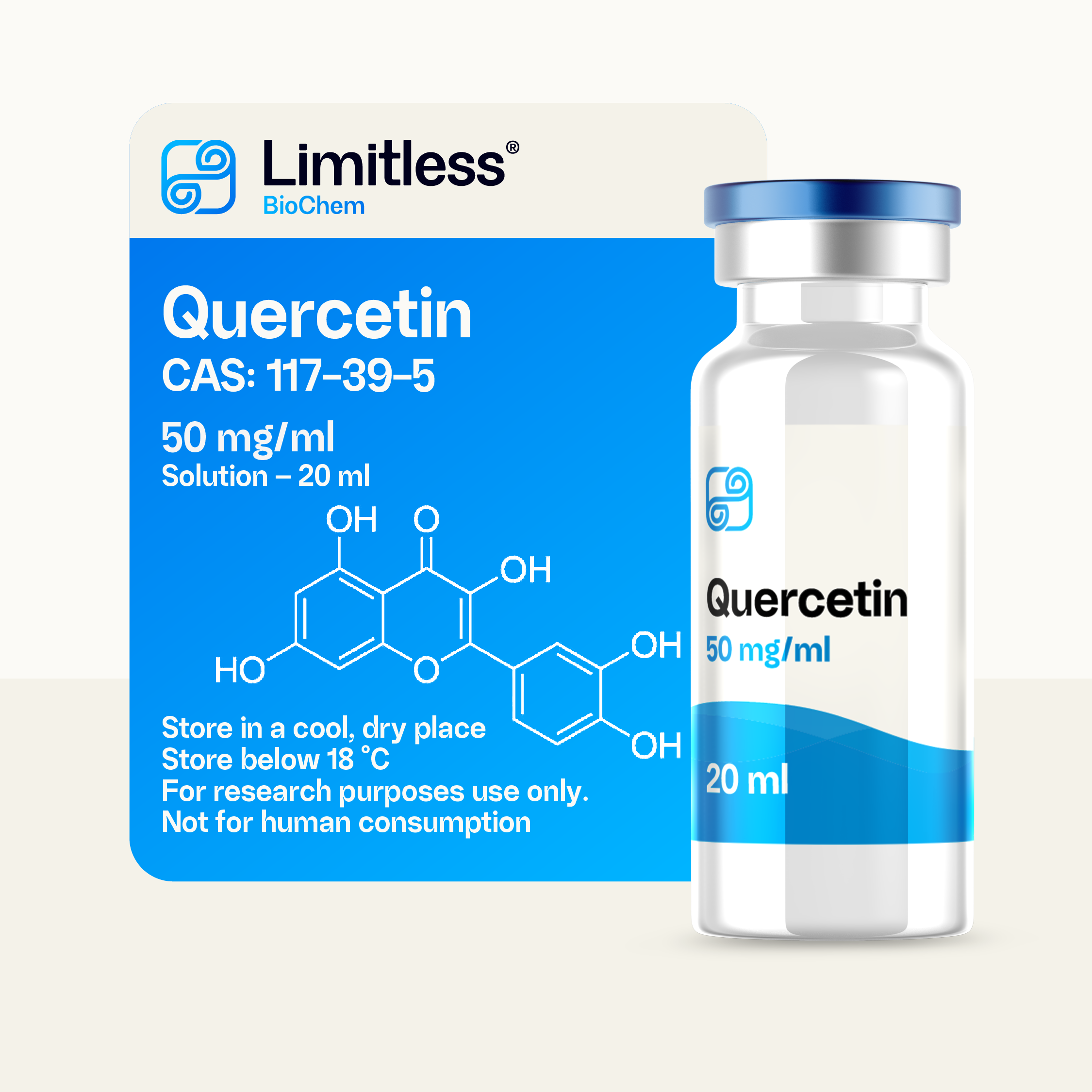 Quercetin 50 mg/ml research solution in 20 ml glass bottle by Limitless BioChem, high-purity plant flavonoid compound.