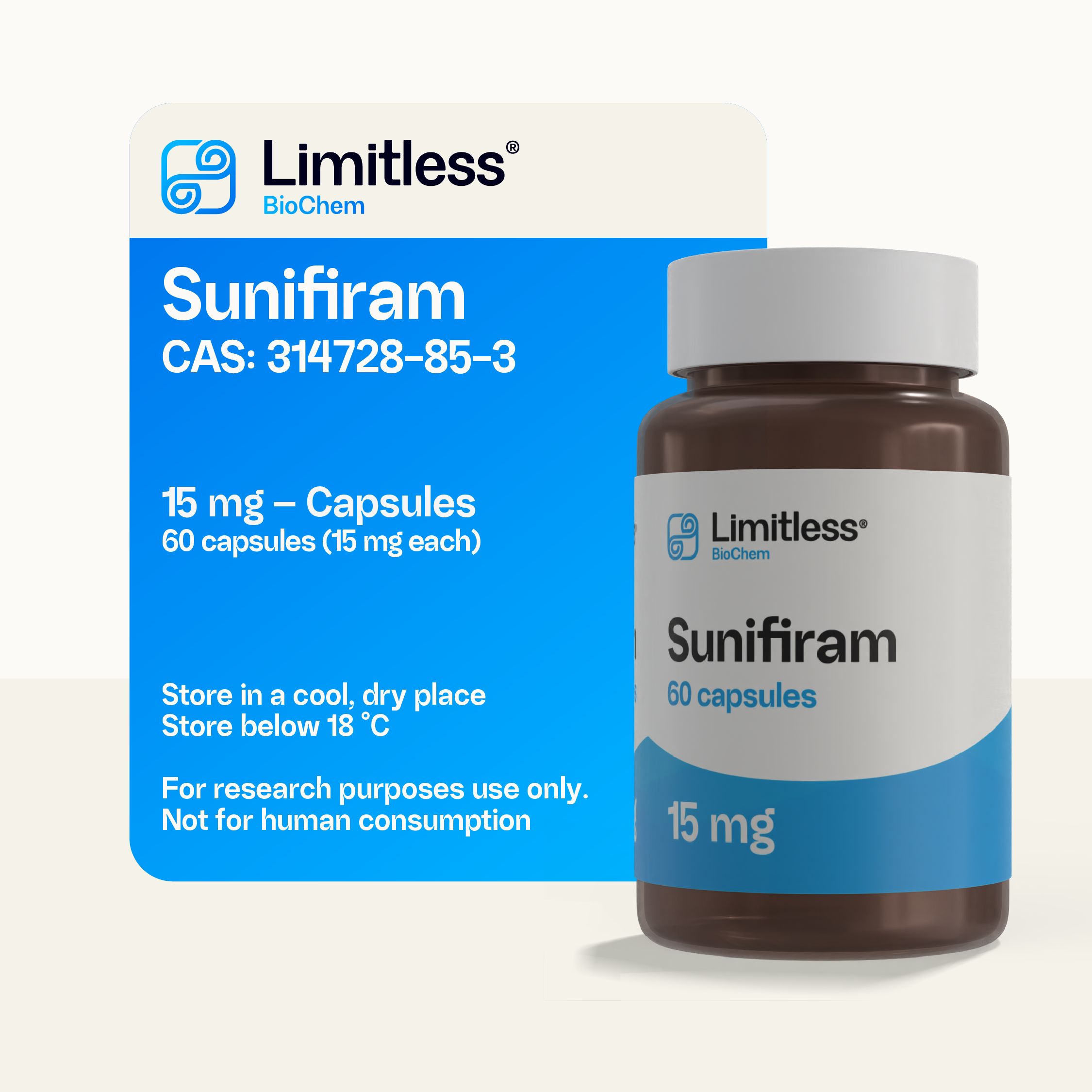Sunifiram (DM-235) 15 mg capsules, 60-count bottle by Limitless BioChem, high-purity research compound.
