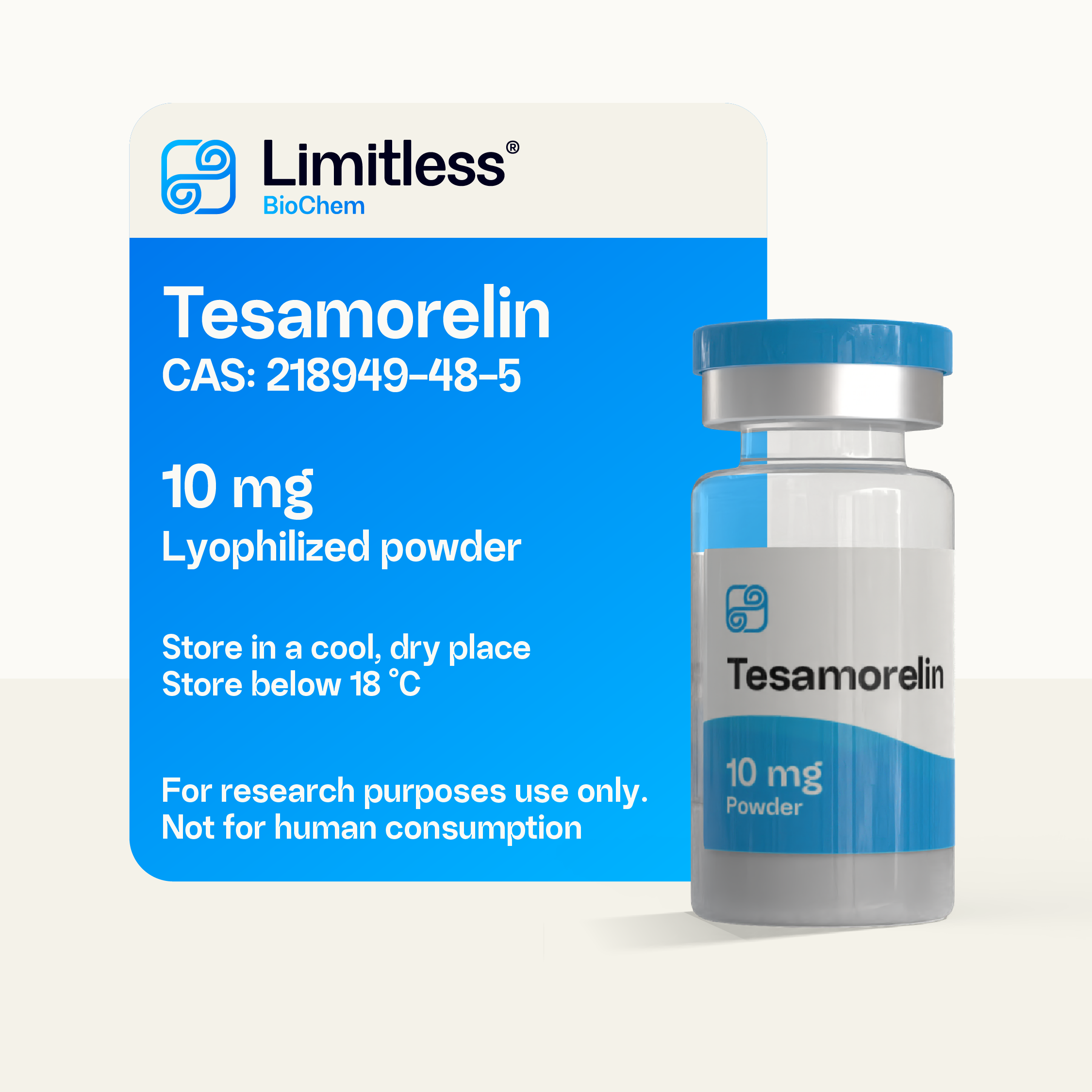 Tesamorelin 10 mg lyophilized peptide powder in glass vial, 99%+ purity HPLC-tested GHRH analog by Limitless BioChem.