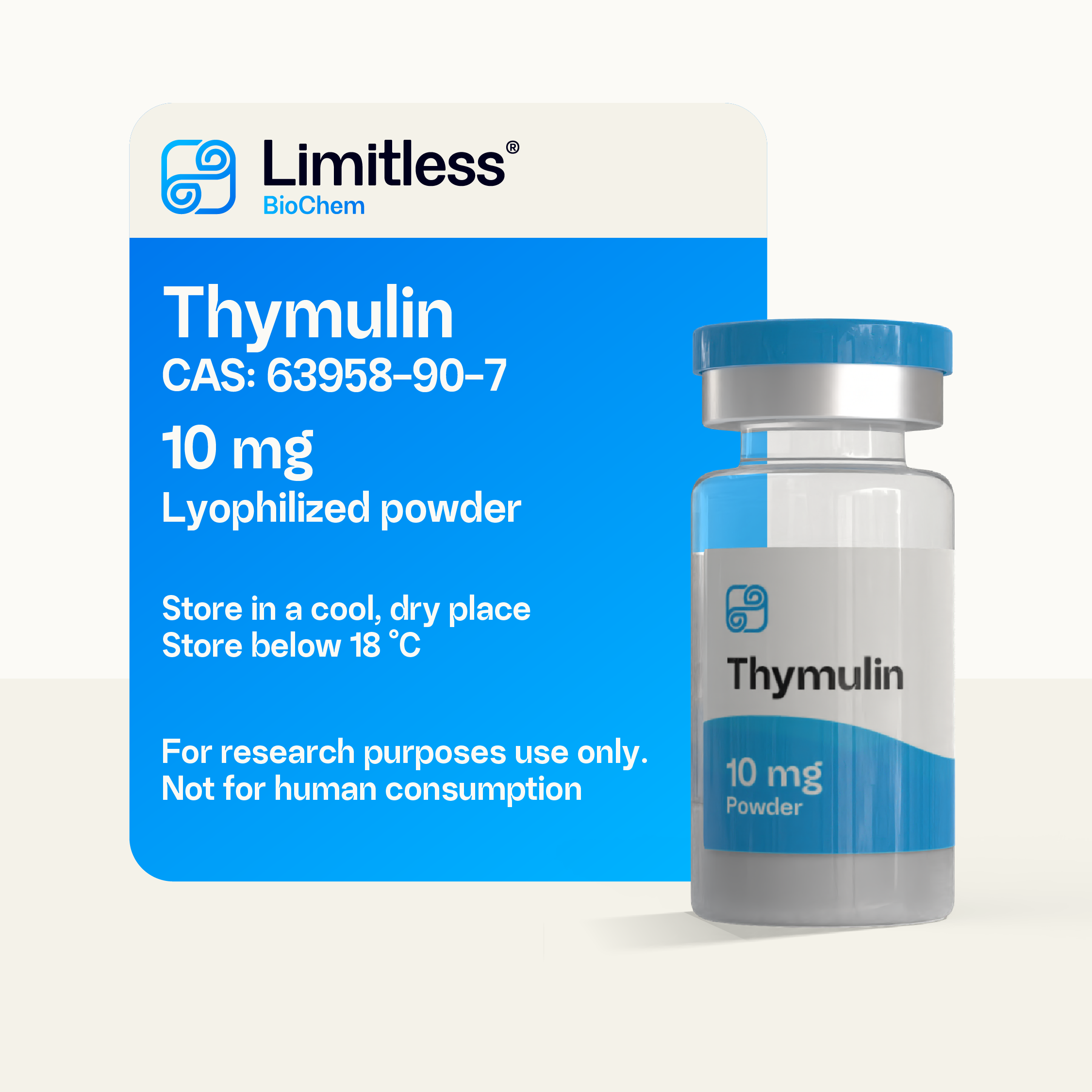 Thymulin 10 mg lyophilized peptide powder in glass vial by LimitlessBiochem, 99% purity nonapeptide (FTS).